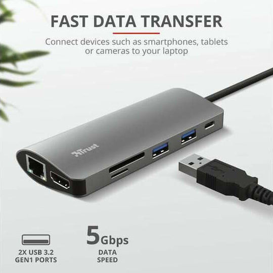 Trust Dalyx 7-in-1 USB-C Docking Station mit HDMI 4K PD Ethernet Silber