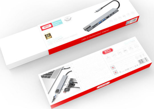 XO HUB003 USB-C Докинг станция с HDMI 4K PD Етърнет Сив