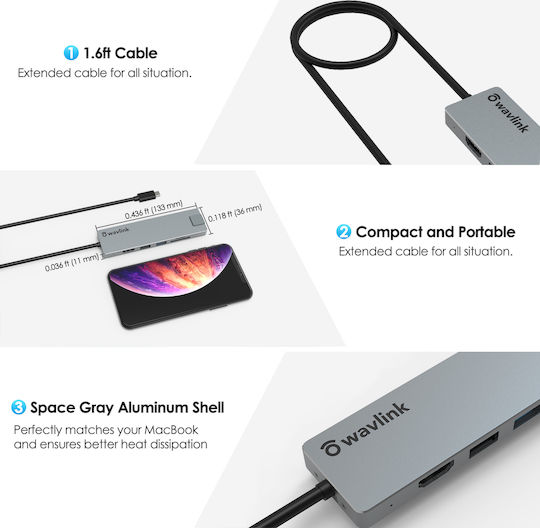 Wavlink USB-C Stație de andocare cu HDMI 4K PD Ethernet Gri (WL-UHP3409)