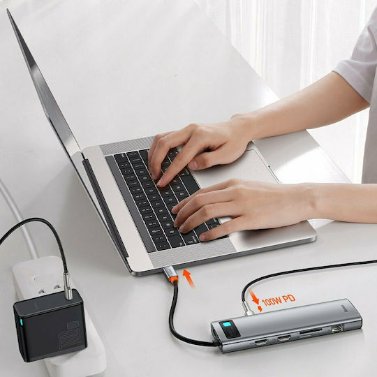 Baseus Metal Gleam Series USB-C Docking Station with HDMI 4K PD Ethernet and Support for 3 Monitors Gray