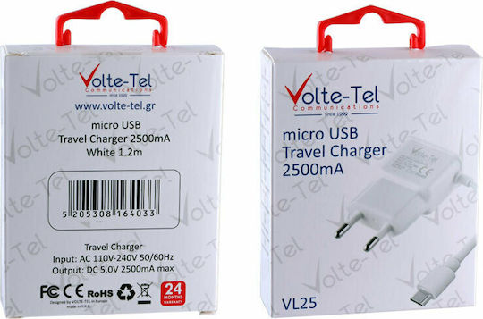 Volte-Tel Φορτιστής με Ενσωματωμένο Καλώδιο micro USB Λευκός (VL25)