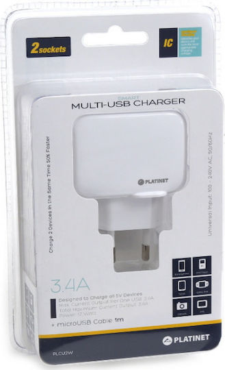 Platinet Φορτιστής με 2 Θύρες USB-A και Καλώδιο micro USB Λευκός (PLCU2W)