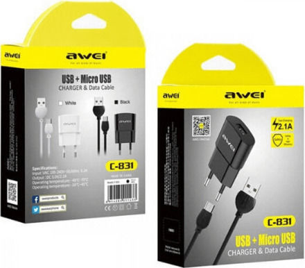 Awei Ladegerät mit USB-A Anschluss und Kabel Micro-USB Weißs (C-831)