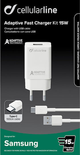 Cellular Line Ladegerät mit USB-A Anschluss und Kabel USB-C 15W Weißs (ACHSMKIT15WTYCW)