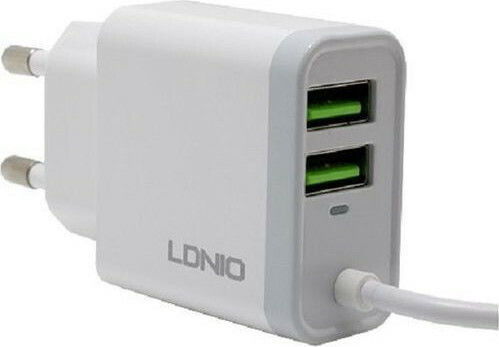 Ldnio Φορτιστής με 2 Θύρες USB-A και Καλώδιο Lightning 15.5W Λευκός (A321)