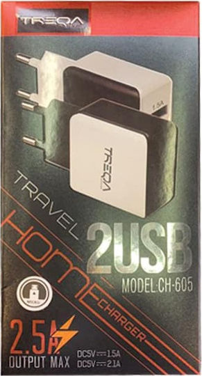 Treqa Ladegerät ohne Kabel mit 2 USB-A Anschlüsse Schwarzs (CH-605)