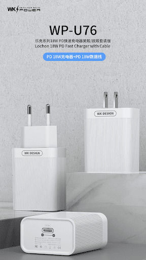 WK Mobile Phone Charger with USB-C Port and USB-C - Lightning Cable 18W Power Delivery White