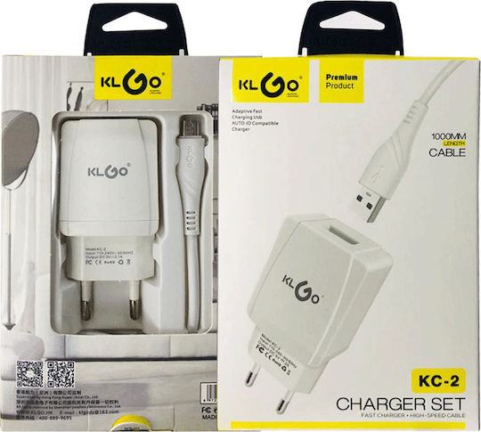 KLGO Charger with USB-A Port and Cable micro USB Whites (KC-2)