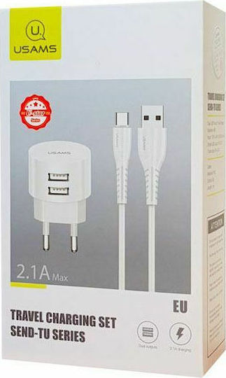 Usams Ladegerät mit 2 USB-A Anschlüsse und Kabel USB-C Weißs (T20)