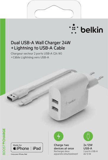 Belkin Charger with 2 USB-A Ports and Cable Lightning 24W Whites (Boost Charge)