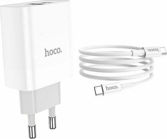 Hoco Φορτιστής με Θύρα USB-A και Θύρα USB-C και Καλώδιο USB-C - USB-C 18W Quick Charge 3.0 / Power Delivery Λευκός (C80A Rapido)