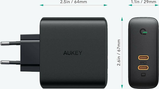 Aukey Φορτιστής Χωρίς Καλώδιο με 2 Θύρες USB-C 65W Power Delivery Μαύρος (PA-B4)