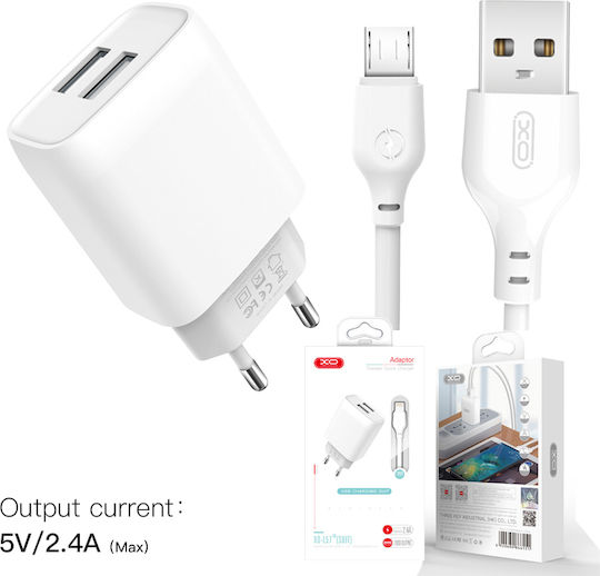 XO Charger with 2 USB-A Ports and Cable micro USB Whites (L57)