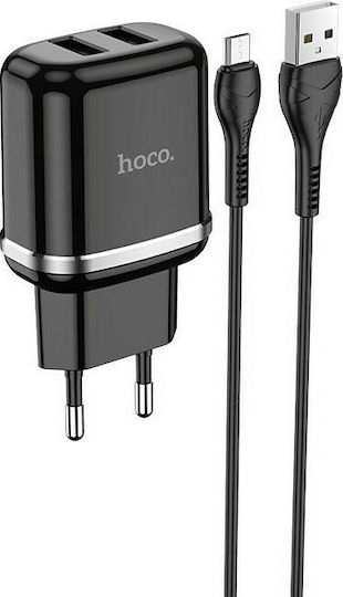 Hoco с 2 USB-A порта и кабел micro USB Черен (N4 Aspiring)