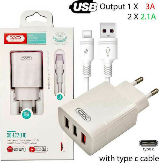 XO Φορτιστής Χωρίς Καλώδιο με 3 Θύρες USB-A 18W Λευκός (L72)
