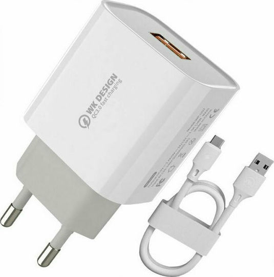WK Φορτιστής με Θύρα USB-A και Καλώδιο Lightning 18W Quick Charge 3.0 Λευκός (WP-U57)