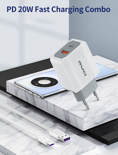 Awei Φορτιστής με Θύρα USB-A και Θύρα USB-C και Καλώδιο USB-C 20W Power Delivery / Quick Charge 3.0 Λευκός (PD4)