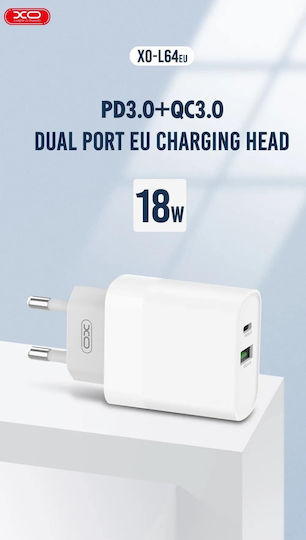 XO Charger Without Cable with USB-A Port and USB-C Port 18W Quick Charge 3.0 / Power Delivery Whites (L64)