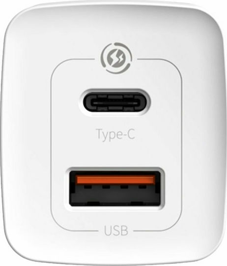 Baseus Φορτιστής Χωρίς Καλώδιο GaN με Θύρα USB-A και Θύρα USB-C 65W Quick Charge 3.0 Λευκός (CCGAN2L-B02)