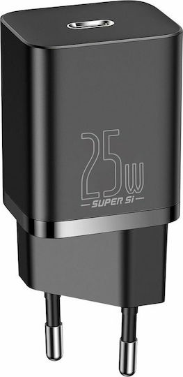 Baseus Φορτιστής με Θύρα USB-C και Καλώδιο USB-C - USB-C 25W Μαύρος (Super Si)