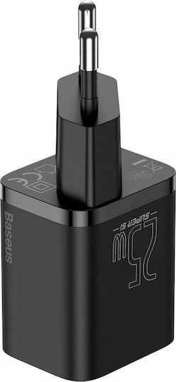 Baseus Φορτιστής με Θύρα USB-C και Καλώδιο USB-C - USB-C 25W Μαύρος (Super Si)