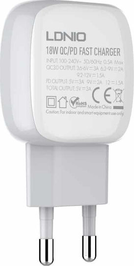 Ldnio Φορτιστής με Θύρα USB-A και Θύρα USB-C και Καλώδιο USB-C - Lightning 18W Power Delivery / Quick Charge 3.0 Λευκός (A2313C)