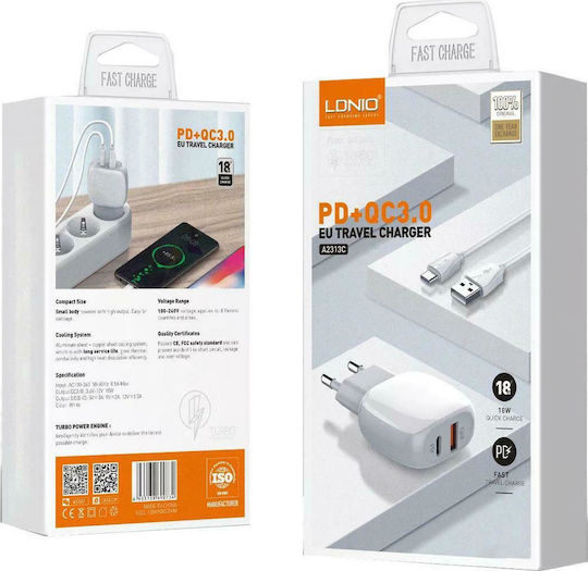 Ldnio Φορτιστής με Θύρα USB-A και Θύρα USB-C και Καλώδιο USB-C - Lightning 18W Power Delivery / Quick Charge 3.0 Λευκός (A2313C)