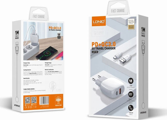 Ldnio Φορτιστής με Θύρα USB-A και Θύρα USB-C και Καλώδιο USB-C - Lightning 18W Power Delivery / Quick Charge 3.0 Λευκός (A2313C)