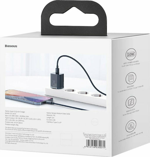 Baseus Charger with USB-C Port and Cable USB-C - Lightning 20W Power Delivery Blue (Super Si)