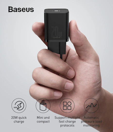 Baseus Charger Without Cable with USB-C Port 20W Power Delivery Blacks (Super Si)