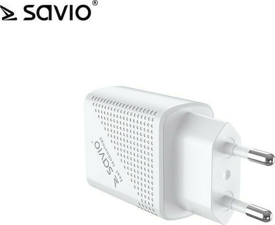 Savio Wireless Charger with USB-A and USB-C Ports 18W Power Delivery / Quick Charge 3.0 White