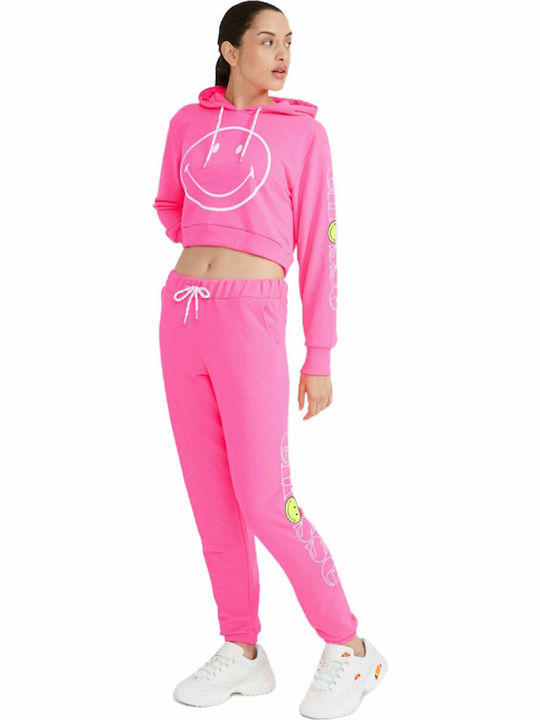 X Smiley Di San Cropped Γυναικείο Φούτερ με Κουκούλα Neon Pink