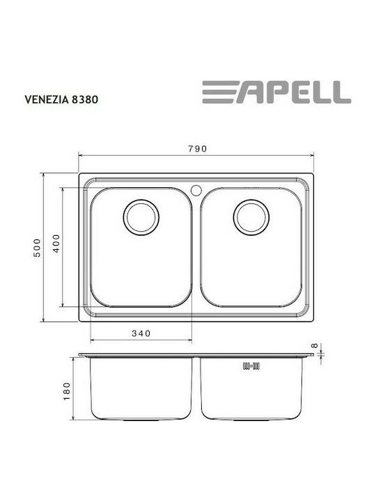 Apell Venezia 8380 8380-112 Drop-In Sink Inox Matte W79xD50cm Silver