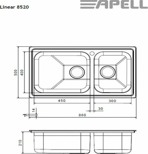 Apell Linear 8520 Ένθετος Νεροχύτης Αριστερός Inox Σαγρέ Μ86xΠ50cm Ασημί