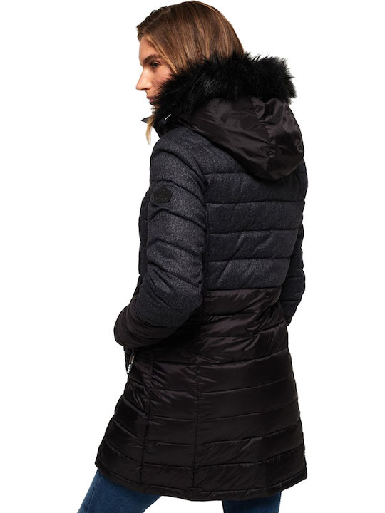 Superdry Super Fuji Mix Women's Long Puffer Jacket for Winter with Hood Gray