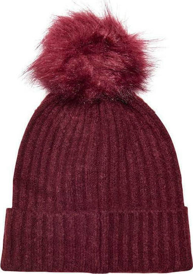 Angie Pom Pom Beanie Γυναικείος Σκούφος με Rib Πλέξη σε Μπορντό χρώμα