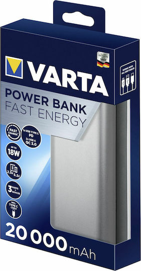 Varta Fast Energy Power Bank 20000mAh 18W cu 2 Porturi USB-A și Port USB-C Încărcare rapidă 3.0 Argint