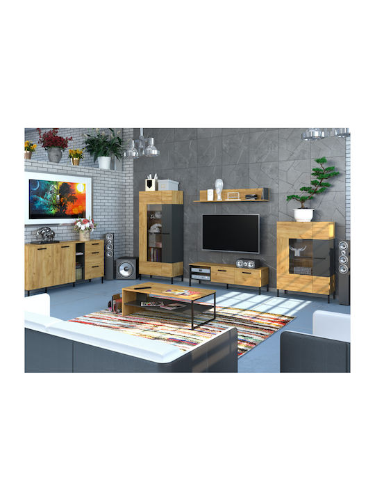 Santes Wohnzimmer Vitrine aus Spanplatte mit Verglasung Gold Eiche / Graphit 90x42x197.5cm
