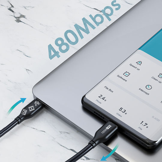 Cabletime CM100 PD100W USB 2.0 Cable USB-C male - USB-C 100W PD Μαύρο 1m CT-CM100-PB1
