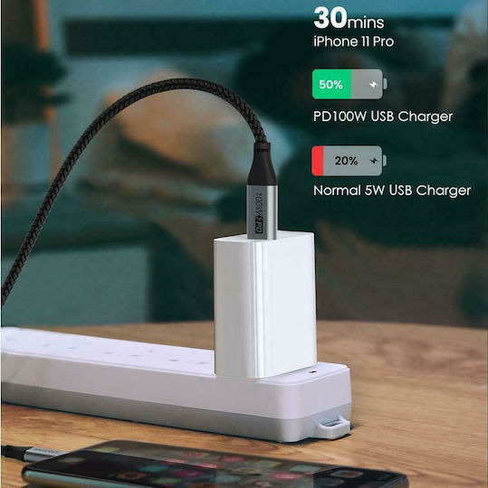 Cabletime CMCM100W Braided USB 2.0 Cable USB-C Male - USB-C 100W PD Black 2m