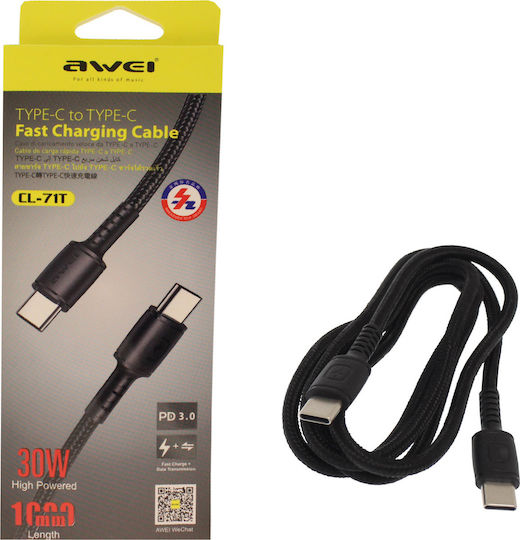Awei CL-71T Braided USB 2.0 Cable USB-C Male - USB-C 30W Black 1m