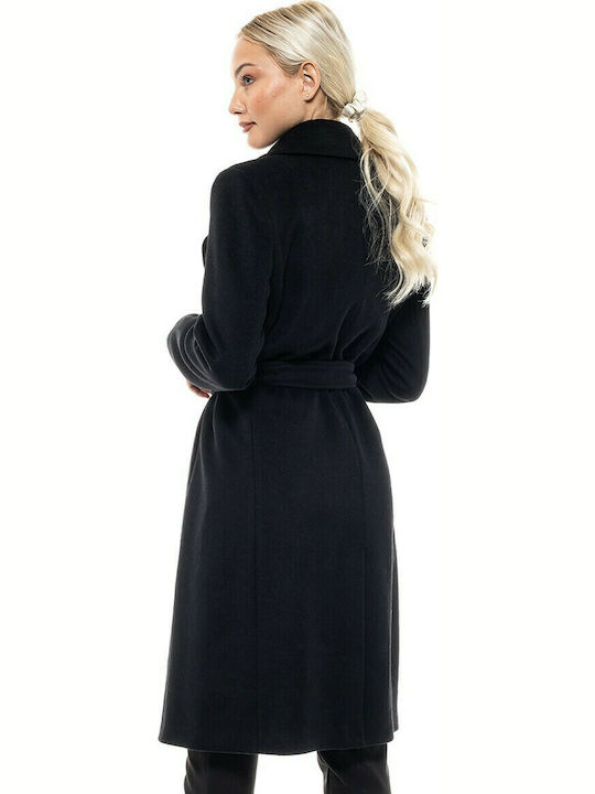 Splendid Γυναικείο Μαύρο Παλτό με Ζώνη