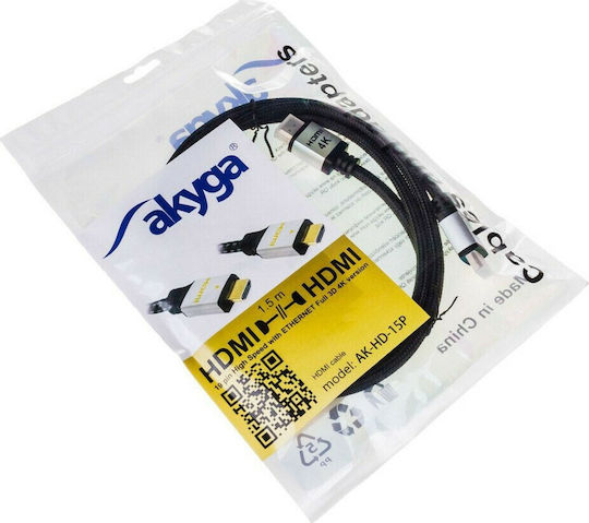 Akyga HDMI 2.0 Premium High Speed 4K 60Hz HDR Geflochtenes HDMI-Stecker Kabel HDMI männlich 1.5m Schwarz