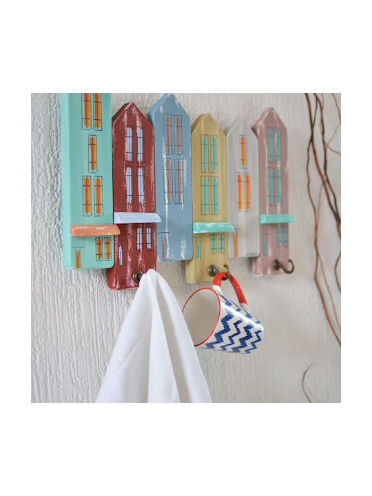 Kapadakis Wood Art Wall Hanger Handmade Houses and Shops Wooden 3 Hooks Multicolour 42x4x30cm