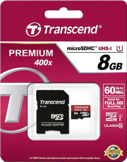 Transcend Premium 400x microSDHC 8GB U1 UHS-I with Adapter