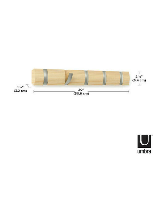 Umbra Wall Hanger Flip 5 Hook Natural Wooden 5 Hooks Brown 50.8x3.2x6.7cm