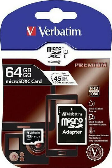 Verbatim Premium microSDXC 64GB U1 V10 A1 UHS-I 90MB/s με αντάπτορα