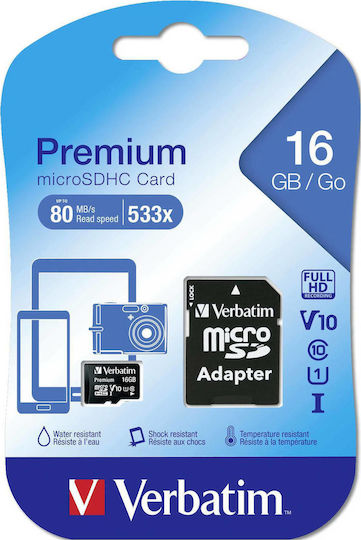 Verbatim Premium microSDHC 16GB U1 UHS-I 10MB/s with Adapter