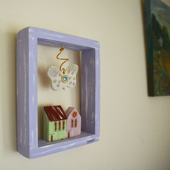 Kapadakis Wood Art Wanddekoration Häuser mit Schmetterling Handgefertigt Lila aus Hölzernes 20x5x24cm