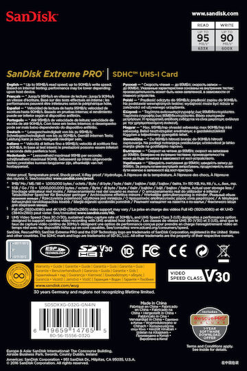 Sandisk Extreme Pro SDHC 32GB U3 V30 UHS-I 95MB/s
